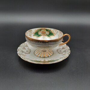 Iridescent Royal Sealy China Teacup & Saucer Set With Gold & Green Floral Design
